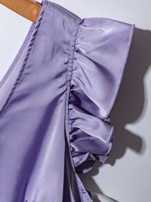 SHEIN Clasi 加大码女式紫色圆领荷叶边袖优雅派对衬衫 - 紫色 - 查看 4