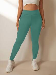 Easithlete Plus Size Women's Functional Seamless Leggings With Pockets, Asymmetrical Mesh & Flocked Design, Tummy Control & Lift Yoga Pants Y2k - Olive Green - View 7