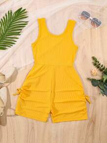 Tween Girls' Solid Color Fashion Spaghetti Strap Rompers, Suitable For Summer - Orange - View 2