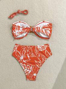 Soleia 女士豹纹金属装饰前开襟绑带泳衣套装，适合度假穿着 - 彩色 - 查看 2