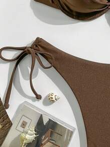 Swim Chiccia 2 Stücke Einfarbiger Draht-BH Cami Top mit Perlen Deko und seitlich gebundenen String Bikini Unterteil Set, Frauen Bademode für Strandurlaub im Sommer - Kaffeebraun - Übersicht 5