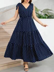 SHEIN Clasi 大码女式夏季波尔卡圆点印花结肩无袖优雅连衣裙 - 藏蓝色 - 查看 9