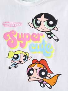 THE POWERPUFF GIRLS X SHEIN Set da ragazza di maglietta a maniche corte con stampa di lettere cartoni animati e pantaloncini corti, stile casual, per l'estate