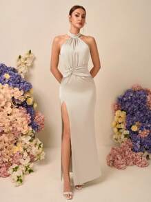 SHEIN Belle 优雅浪漫缎面露背无袖褶皱高开衩露背美人鱼连衣裙，适合婚礼、派对、约会、伴娘 - 杏色 - 查看 7