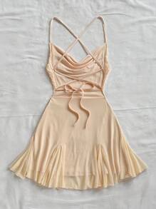 Soleia 女式无袖迷你连衣裙，垂坠领优雅迷你连衣裙，适合休闲、浪漫、约会、海滩装、网眼、度假、外出 - 杏色 - 查看 2