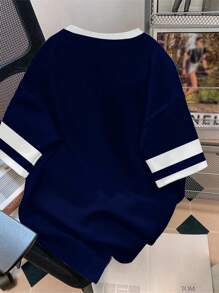 SHEIN Leap Crew 少女休闲简约“Girls Trip”时尚经典运动设计运动衫，采用 3 种面料星星图案，经典城市名称“NEW YORK”，时尚口号“EXTRAORDINARY”，“Have A Good Day”文字图案，袖子条纹拼色，撞色领口印花针织超大 T 恤，适合夏季、街头、购物、户外、社交 - 彩色 - 查看 3