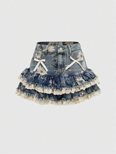Fairycore Vintage Floral Print Faded Wash A-Line Skirt For Women, Summer