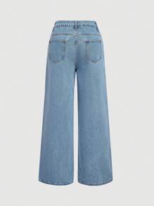 SHEIN MOD Women's Casual Distressed Rhinestone Embellished Wide Leg Jeans - Blue - View 2