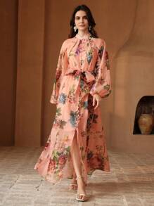 春季、夏季、优雅、度假、约会之夜、花卉 Anewsta 女士度假花卉印花灯笼袖优雅连衣裙 - 藕粉色 - 查看 4