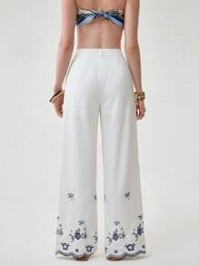 Florisole Women's White Woven Fabric Long Casual Pants With Embroidered Floral Hem Detail And Zipper Closure Fall Cloth For Women - White - View 7