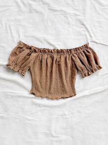 Soleia 百搭露肩荷叶边弹力短款皱褶短袖T恤上衣露肩上衣露肩短款上衣褶饰上衣挤奶女工上衣网眼上衣夏季上衣 - 卡其色 - 查看 2