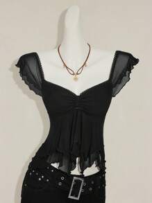 SHEIN ICON Women's Ruched Front Slim Fit Sexy Mesh Insert Cutout Back Camisole Tank Top, Casual Beach Vacation Black Goth Goth - Black - View 5