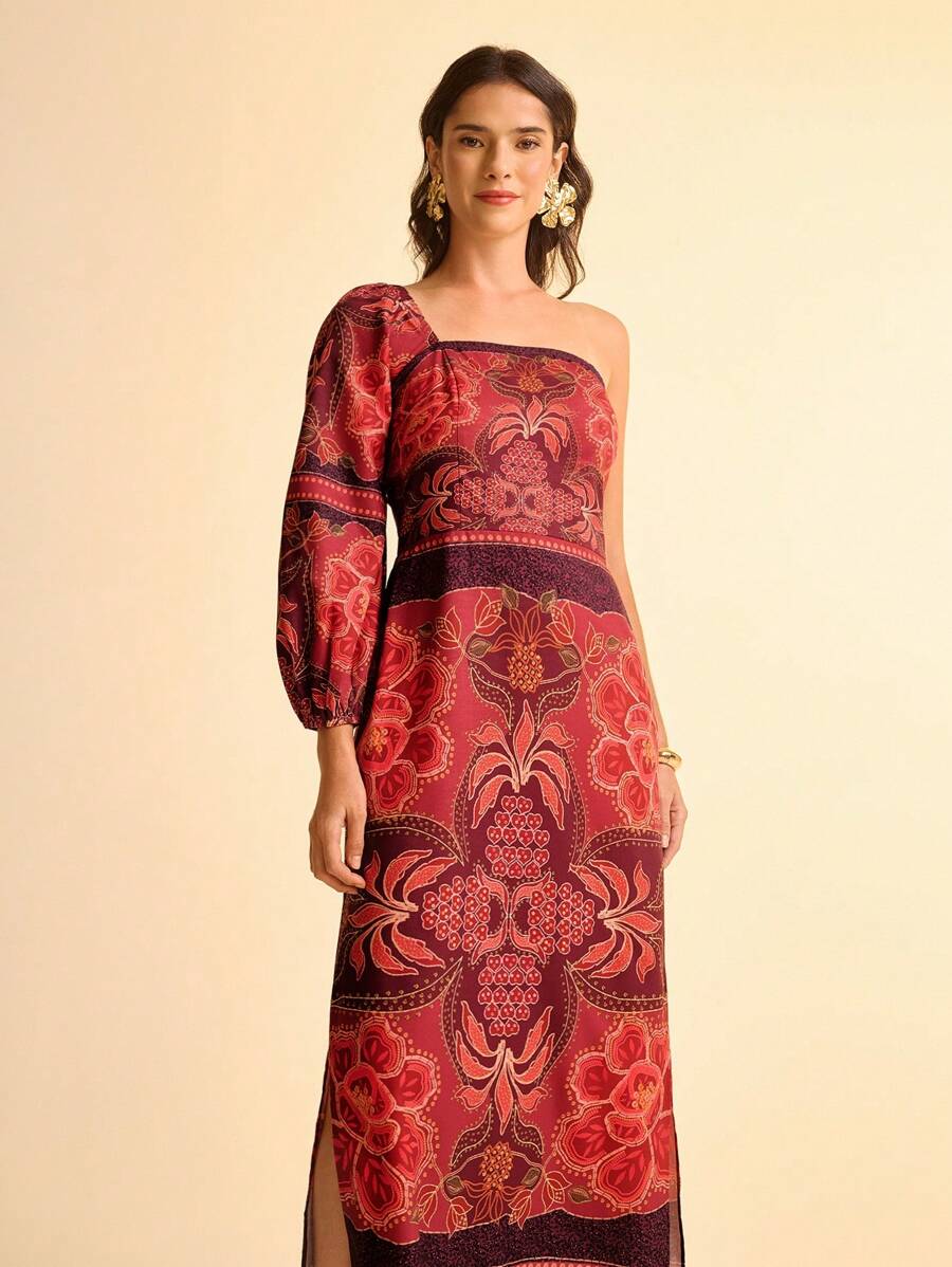 CAJUNI 女式波西米亚风度假休闲热带印花灯笼袖开叉连衣裙 - 彩色 - 查看 1