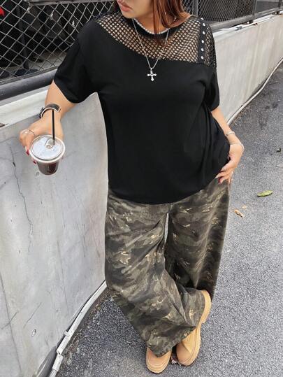 SHEIN EZwear Plus Size Mesh Splice Loose Fit Asymmetric Neck T-Shirt, Spring/Summer