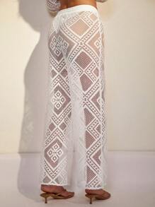 COSMINA Women Drawstring Waist Straight Leg Lace Pants - White - View 2