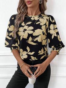 SHEIN Clasi 女士花卉印花圆领泡泡袖休闲衬衫