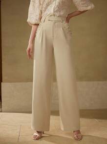 MOTF PREMIUM FAUX PEARL AND RHINESTONE DETAIL SLANT POCKET WIDE LEG SUIT PANTS - Khaki - View 4