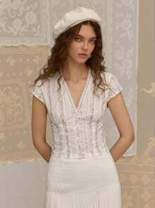 SHEIN MOD Elegantes Blümchen-Muster Kurzarm V-Ausschnitt Hemd, Sommer