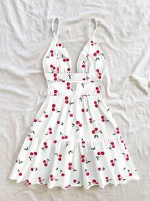 Soleia Đầm mini hở lưng, cổ chữ V khoét sâu cho nữ, thích hợp cho kỳ nghỉ hè, họa tiết quả anh đào - Nhiều màu - Xem 2