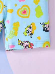 THE POWERPUFF GIRLS X SHEIN Set da ragazza di maglietta a maniche corte con stampa di lettere cartoni animati e pantaloncini corti, stile casual, per l'estate
