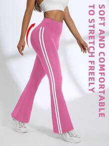 Easithlete Women High Waist Flare Leg Striped Yoga Pants - Hot Pink - View 2