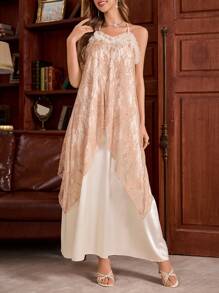 SHEIN Camisón largo de seda sintética elegante con encaje asimétrico y parches de color contrastante sin mangas, vestido de pijama de mujer para uso en el hogar de lujo - Champán - Ver 1