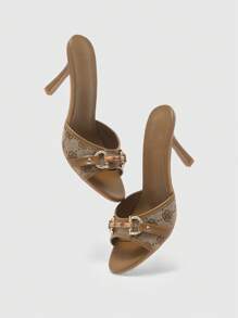 CUCCOO BIZCHIC 棕色 PU 皮革混合金扣装饰 3.5 英寸高跟圆头复古穆勒凉鞋