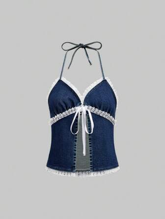 Y2K Style Adorable Lace Trim Bowknot Decor Women Denim Halter Cropped Fitted Vest