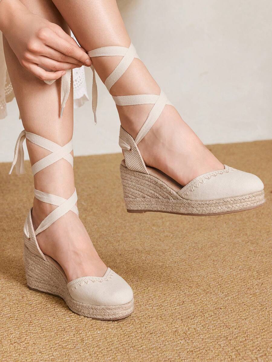 Styleloop Giày sandal đế xuồng dệt dây dành cho nữ, phong cách Boho, trang phục dự tiệc âm nhạc miền Tây nước Mỹ cổ điển - Màu be - Xem 1