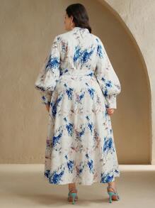 Anewsta Plus Size Women's Long Sleeve Elegant Flared A-Line Dress, New Style - Blue - View 2