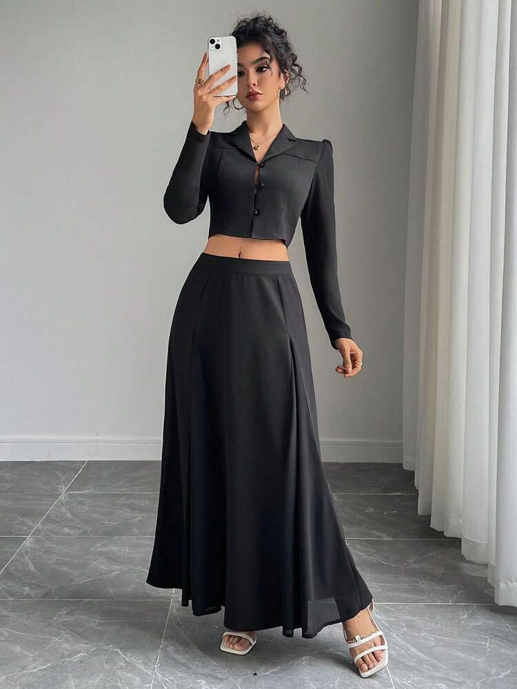 Women's Summer Chiffon Patchwork Lapel Top & Flared Hem Skirt Suit Business Attire