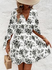 Breezaya 女式褶皱花卉印花腰带荷叶边饰带度假连衣裙 - 彩色 - 查看 5