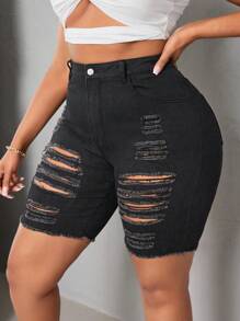 SHEIN SXY Plus Size Women Black Denim Elastic Skinny Ripped Sexy Shorts - Dark Grey - View 6