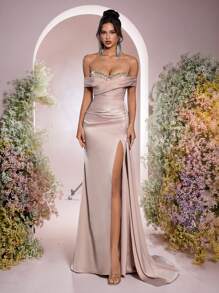 Glamrae Elegant Khaki Satin Knitted Strapless Tube Ball Gown,Luxury Sequin Patchwork Ruched Waisted Side Slit Fishtail Hem Train,Wedding Guest Formal Event - Khaki - View 4