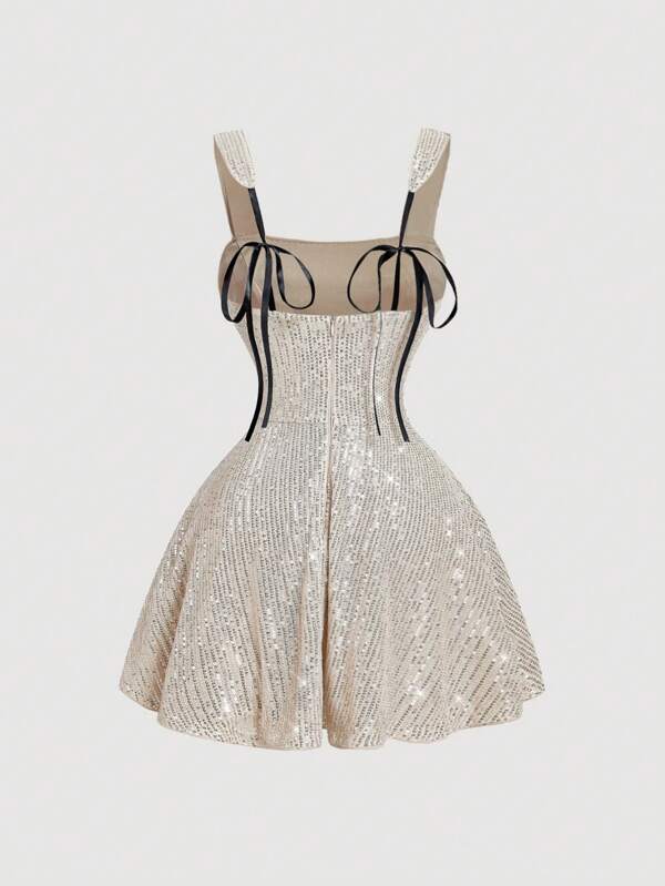 SHEIN MOD Vestido de fiesta con lentejuelas color albaricoque para mujer talla grande, sin mangas, corto y con diseño ajustado y acampanado con lentejuelas plateadas