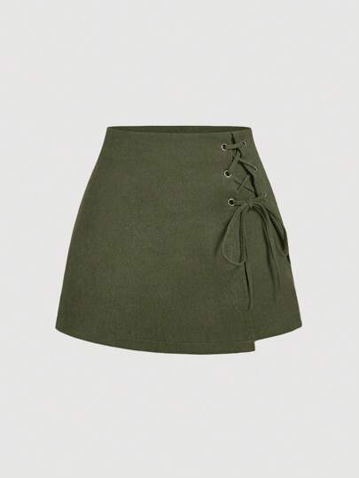 SHEIN MOD Women's Casual Army Green Retro Criss-Cross Tie Culottes,Country Outfits Women,Western Wear Women,Vintage Culottes,Old Money Style Women,Vintage Clothes Women