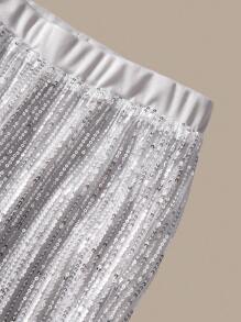 SHEIN 2 件女童蝴蝶结亮片上衣 + 高腰亮片喇叭裤，优雅派对/婚礼/节日装