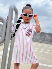 SHEIN Casual Cartoon Print Short Sleeve Knit Dress For Young Girls, Loose Comfortable Versatile Daily Wear Cartoon Tshirt Dress - Pink - View 4