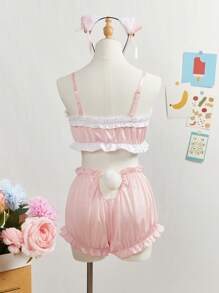SHEIN Teen Girl 3-Piece Set: Contrast Color Ruffle Trim (Top, Pants, Headpiece) - Pink - View 2