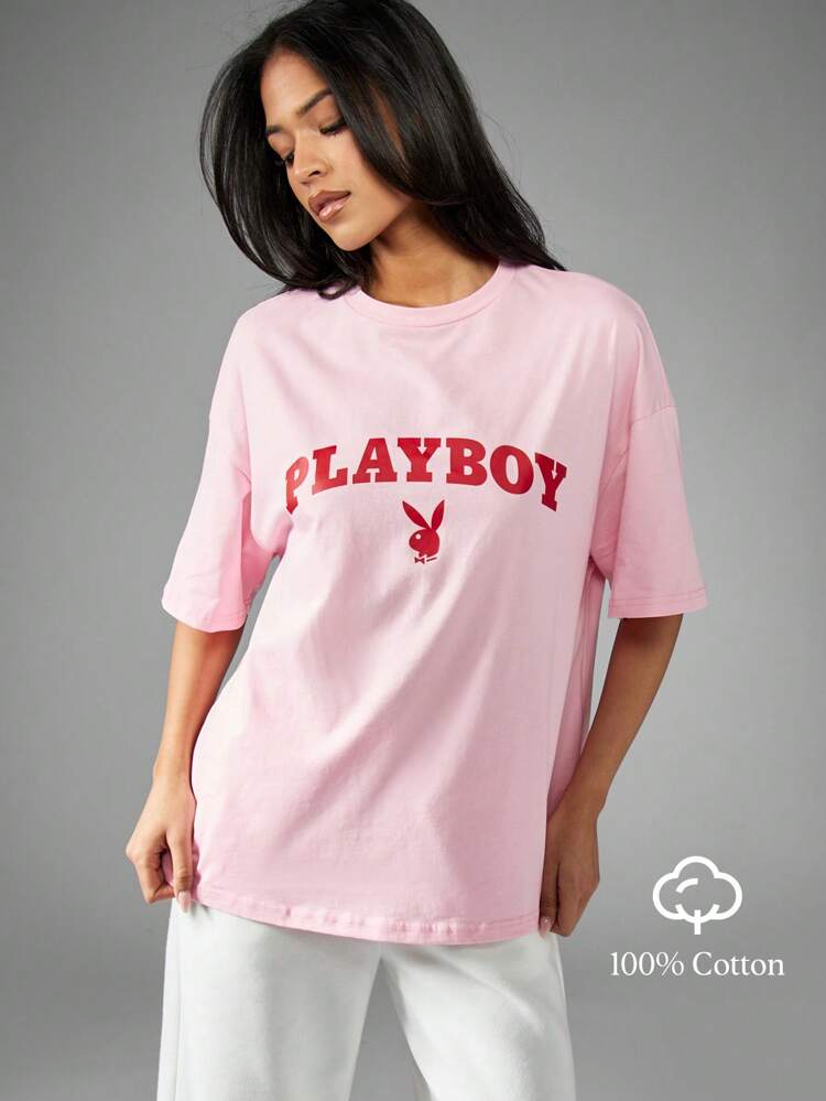 Missguided x Playboy T-shirt oversize avec logo, style rétro, streetwear, mode urbaine, décontracté, tenue d'intérieur, icône de lapin, collection classique, confort d'été, jersey en coton