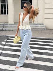 Serisse 女式闪光串珠荷叶边深V领无袖度假上衣串珠上衣伊比沙岛夏季度假上衣女士 - 杏色 - 查看 3