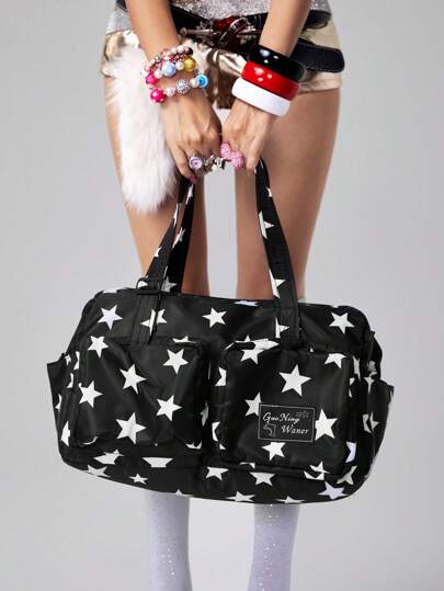 Anime Y2K Black & White Star Print Multiple Pocket Large Capacity Simple Stylish Short-Trip Women Tote Bag, Casual Shoulder Bag For Outing, Travel, Gym, Etc.