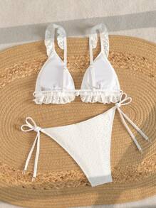 Swim Mod White Hollow Jacquard Fabric Spaghetti Strap Ruffle Heart Pendant Swimsuit Set, Girly Style For Summer Beach Vacation - White - View 3