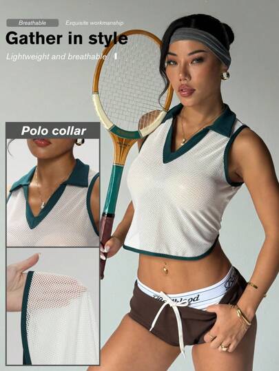 Easithlete 女士运动 Polo 衫，个性化拼色无袖弹力舒适户外运动网球高尔夫训练上衣，适合跑步、瑜伽、徒步旅行，时尚撞色运动 Polo 衫