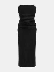 SHEIN Vestido casual para meninas adolescentes, estilo urbano, preto, com fenda na coxa, justo, roupa de família combinando para o verão