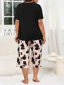 SHEIN Ensemble de pyjama femme grande taille casual avec imprimé floral, manches courtes et pantalon 3/4