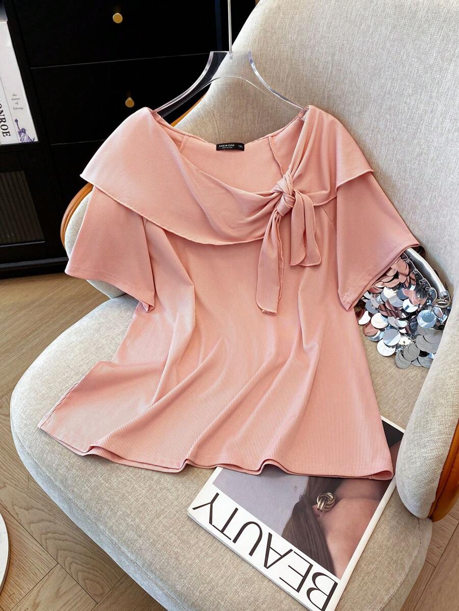 SHEIN LUNE Women's Plus Simple Round Neck Knitted Short Sleeve Top Neck Bow Decorated T-Shirt Boho Summer Elegant - Dusty Pink - View 1