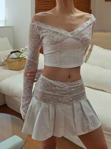 DAZY Women Lace Patchwork T-Shirt And Mini Skirt 2 Pieces Set Off Shoulder Top Vacation - White - View 5