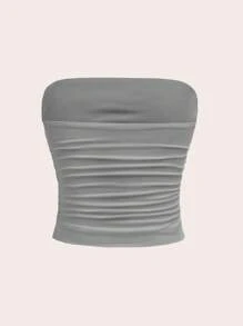 SHEIN Teen Girls' Simple & Comfortable Ruched Hem Bandeau Bra - Light Grey - View 2