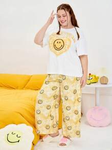 SmileyWorld® | SHEIN Plus Size   Women Summer  Y2K Cleanfit Casual Rave Outfits Festival  Punk Cover Up  Retro Vintage Cartoon Casual Cute Funny Loose Knit  Butter Yellow Cartoon Heart Smiling Face Tie-Dye Pattern Short Sleeve T-Shirt And Pants 2-Piece Pajamas Set